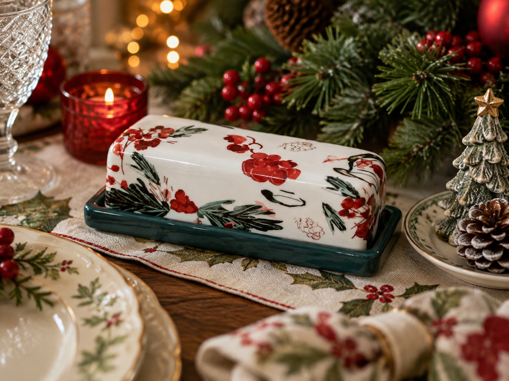 Anthropologie Christmas Holly & Pear Butter Dish Retired Holiday Stoneware
